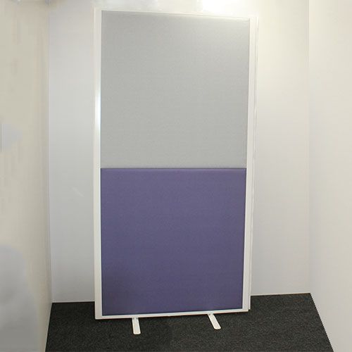 Concept 2 part acoustic office screen with 2 fabric choices and white powder coated aluminium frame. 