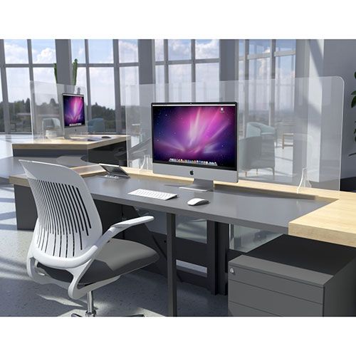 Freestanding acrylic desk dividers sitting on flat desk