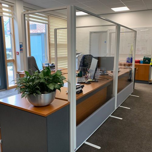 Morton+ Full Vision Office Partitions with clear acrylic and grey base