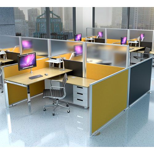 Morton Acoustic 4 Person Office Cubicle with yellow and grey fabric.