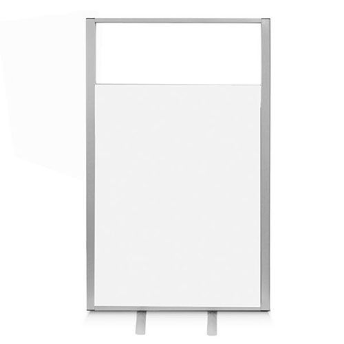 Top vision office partition with clear acrylic, white laminate base and silver frame. 