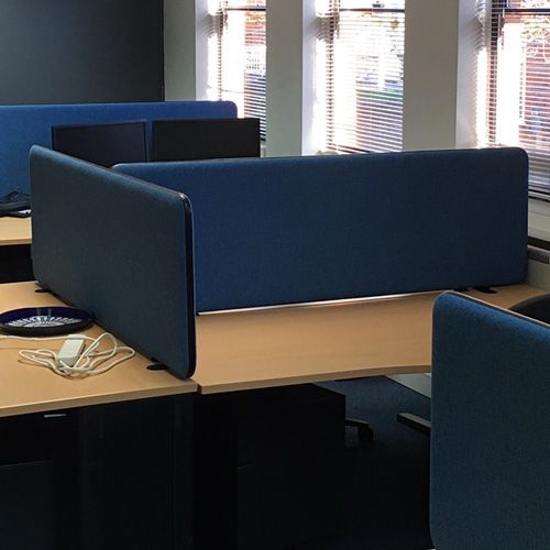 Omega+ 42mm Acoustic Desk Dividers with blue fabric and black PVC edging. 