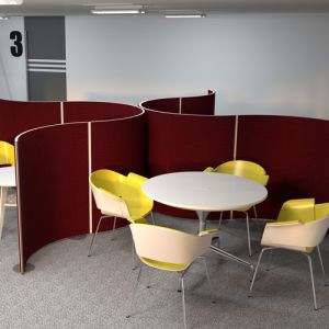 Budget 42mm Curved Acoustic Panels with red fabric and grey edging