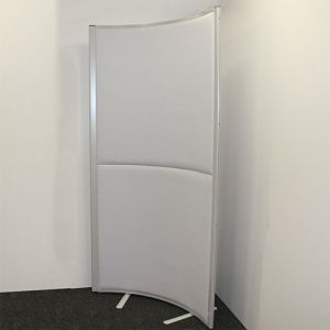 Concept 2-Panel Curved 42mm Acoustic Partition Screens with grey fabric on both panel sections. 