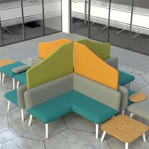 Delta wave acoustic office dividers placed between seating in a waiting area. 