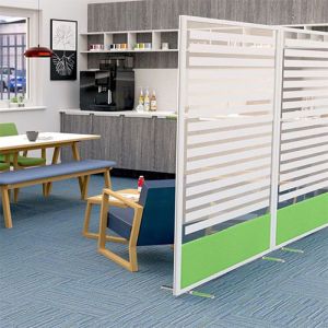 Morton Privacy Office Partitions with green fabric and printed acrylic section